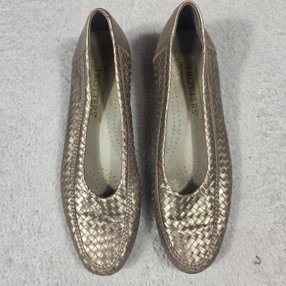 Trotters Woven Flats Womens 9.5 Gold Good Metallic Leather Loafers Slip On